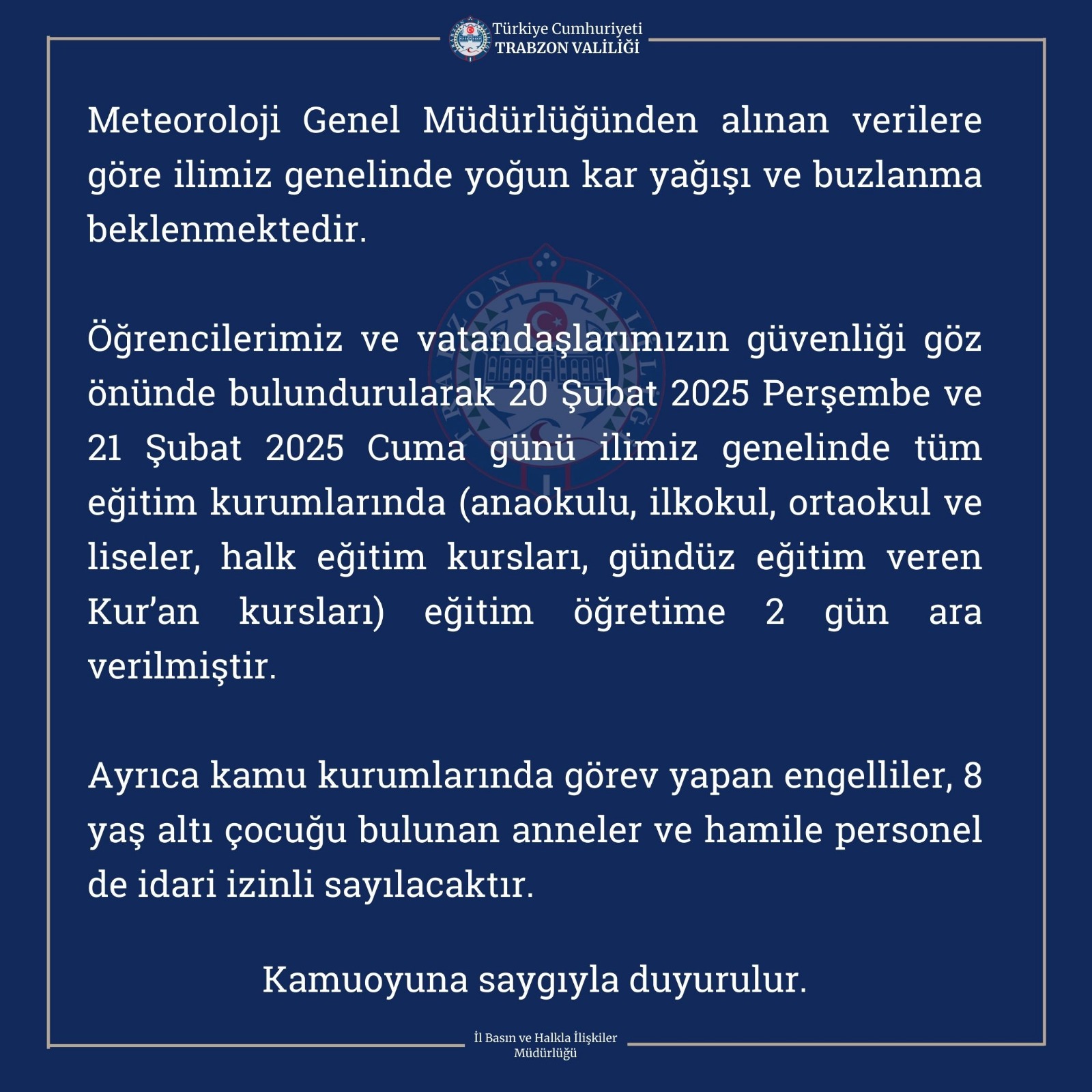 Trabzon'da Kar Tatili Müjdesi: 20-21 Şubat'ta Okullar Tatil!